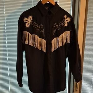Vintage Short Circuit Women's Black Embroidered Fringe Western Rodeo Shirt L